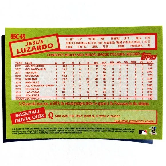 Oakland Athletics (Jesus Luzardo) - BSBL [20_JL1] - Rookie Card (RC) - Picture 3 of 3